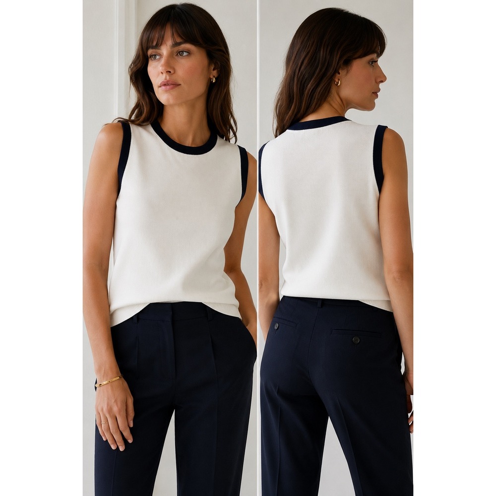 Tara Jarmon Paris Phoster Sleeveless Knit Top Sz S White/Navy Cotton Sweater
